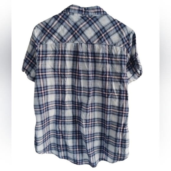 Westport Button Down Blue Plaid Short Sleeve Top - Picture 2 of 6